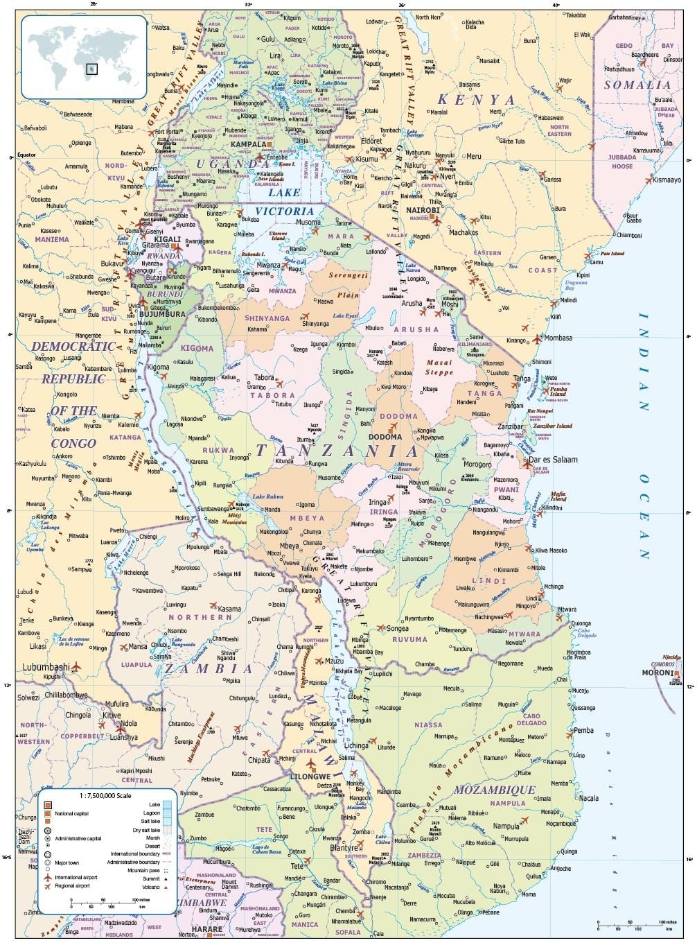 মানচিত্র, তানজানিয়া এবং পার্শ্ববর্তী দেশ